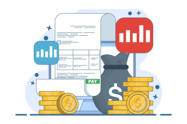 Maaş konsepti, fatura kağıdı, maaş hesabı, bütçe konsepti, maaş, maaş ödemesi. Ödeme ve fatura, iş ya da mali faaliyet imzası. Düz vektör illüstrasyonu.