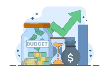 Gelecek için mali bütçe planlama konsepti, dijital pazarlama, finans, satış stratejisi, takım çalışması, şirket bütçesi, gelir büyümesi, yatırım sektörü. Arkaplanda düz vektör illüstrasyonu.