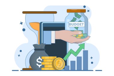 Gelecek için mali bütçe planlama konsepti, dijital pazarlama, finans, satış stratejisi, takım çalışması, şirket bütçesi, gelir büyümesi, yatırım sektörü. Arkaplanda düz vektör illüstrasyonu.
