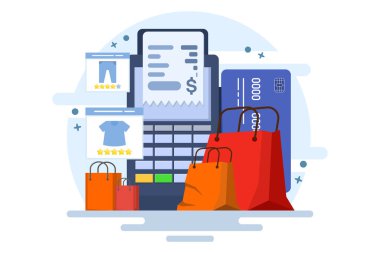 Temassız ödeme konsepti, kablosuz cep telefonu ödemesi banka kartı, fatura, alışveriş konsepti, ödeme makinesi, banka kartı. Arkaplanda düz vektör illüstrasyonu.