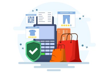 Temassız ödeme konsepti, kablosuz cep telefonu ödemesi banka kartı, fatura, alışveriş konsepti, ödeme makinesi, banka kartı. Arkaplanda düz vektör illüstrasyonu.