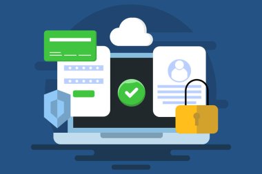Veri güvenlik sistemi kavramı, verilerin siber saldırılara karşı korunması, hacklenmesi, veri ihlalleri, hesap erişimi çoklu katmanlı güvenlik yazılımı, ikonlu arka plan vektör ilülasyonu ile korunmaktadır.