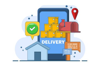 Küresel lojistik kavramı, hızlı ve doğru kargo teslimatı. Çevrimiçi kurye servisi ya da hazır ambalajlı akıllı telefondan sevkiyatları izlemek için mobil uygulama konsepti. Görüntü.