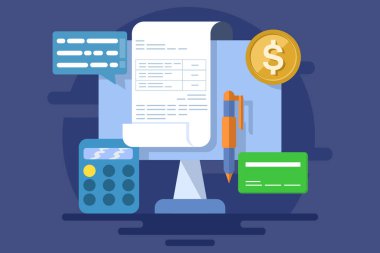 Çevrimiçi fatura üreticisi kavramı, Fatura gönderme çevrimiçi fatura ödeme, faturaları yönetmek için muhasebe yazılımı kullanma, fatura işlem verileri. düz vektör illüstrasyonu.