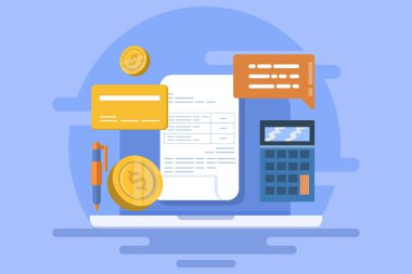 Çevrimiçi fatura üreticisi kavramı, Fatura gönderme çevrimiçi fatura ödeme, faturaları yönetmek için muhasebe yazılımı kullanma, fatura işlem verileri. düz vektör illüstrasyonu.