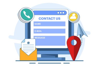Web afişi, mobil uygulama, iniş sayfası, iş sunumu, web sitesi afişi, Müşteri desteği, müşteri hizmetleri, çevrimiçi destek için dizüstü bilgisayardaki iletişim formu konsepti.