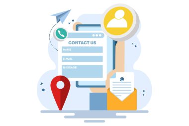 Web afişi, mobil uygulama, iniş sayfası, iş sunumu, web sitesi afişi, Müşteri desteği, müşteri hizmetleri, çevrimiçi destek için dizüstü bilgisayardaki iletişim formu konsepti.