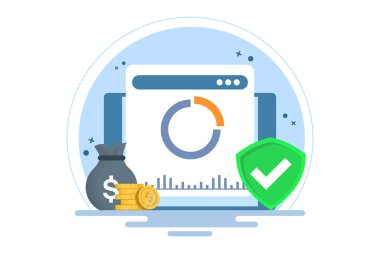 Finansal büyüme grafiği konsepti, finansal iş büyüme tablosu. Koruyucu durumda olan tablet, iş büyümesi, kâr artışı, yatırım, satış artışı, dijital pazarlama illüstrasyonu.