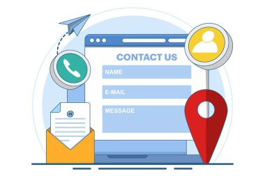 Web afişi, mobil uygulama, iniş sayfası, iş sunumu, web sitesi afişi, Müşteri desteği, müşteri hizmetleri, çevrimiçi destek için dizüstü bilgisayardaki iletişim formu konsepti.