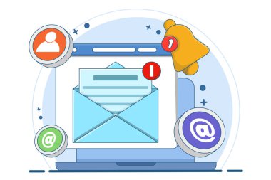 Cihaz ekranında yeni e-posta bildirim kavramı, doğrudan dijital pazarlama, okunmamış mesaj anımsatıcı, e-posta pazarlama kavramı. Arkaplanda düz vektör illüstrasyonu.