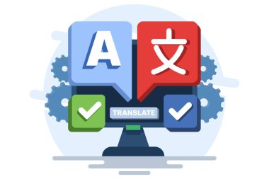 Çeviri konsepti, Çeviri dili, çevrimiçi çeviri mobil uygulaması cihaz üzerinde, dil çevirisi yapın. Arkaplanda düz çizim vektör şablonu.