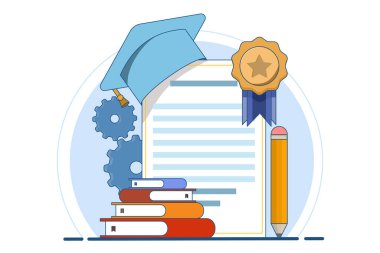 Meslek uzmanı kavramı ve mezuniyet şapkası takan diplomalar. Meslek eğitimi, meslek okulu, profesyonel öğrenme, çevrimiçi mesleki eğitim kavramı. Düz vektör illüstrasyonu.