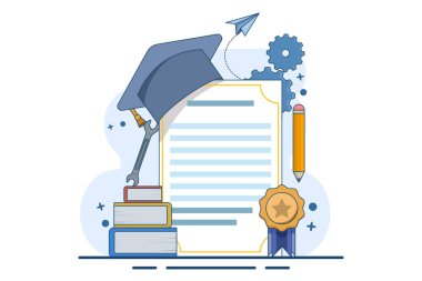 Meslek uzmanı kavramı ve mezuniyet şapkası takan diplomalar. Meslek eğitimi, meslek okulu, profesyonel öğrenme, çevrimiçi mesleki eğitim kavramı. Düz vektör illüstrasyonu.