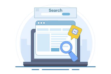 Yapay zeka tabanlı SEO Strateji Konsepti, SEO içeriği, yapay zeka teknolojisi ile dijital pazarlama, SEO otomasyonu, arka planda düz vektör çizimi.