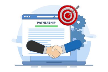İşadamları alışveriş ve anlaşmalar sırasında el sıkışıyor, iş ortaklığı, anlaşma, organizasyon ortaklığı, ortaklık anlaşması. İş ortaklığı düz illüstrasyon vektör şablonu, anlaşma.