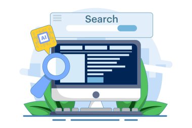 Yapay zeka tabanlı SEO Strateji Konsepti, SEO içeriği, yapay zeka teknolojisi ile dijital pazarlama, SEO otomasyonu, arka planda düz vektör çizimi.