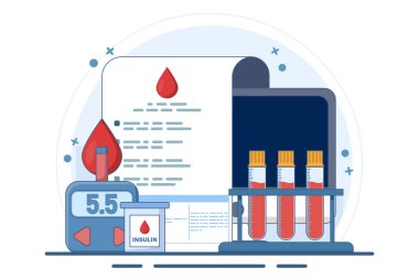Kan şekeri testi ve insülin üretimi konsepti. Diyabet mellitus, kan tüpü ve kan şekeri testi, diyabet ve insülin üretimi. Arka planda modern düz vektör illüstrasyonu.