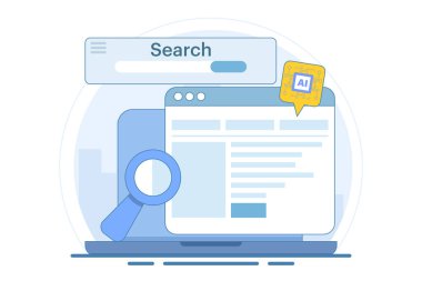 Yapay zeka tabanlı SEO Strateji Konsepti, SEO içeriği, yapay zeka teknolojisi ile dijital pazarlama, SEO otomasyonu, arka planda düz vektör çizimi.