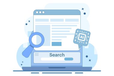 Yapay zeka tabanlı SEO Strateji Konsepti, SEO içeriği, yapay zeka teknolojisi ile dijital pazarlama, SEO otomasyonu, arka planda düz vektör çizimi.