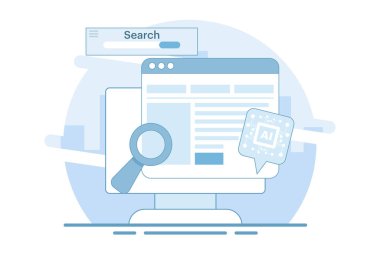 Yapay zeka tabanlı SEO Strateji Konsepti, SEO içeriği, yapay zeka teknolojisi ile dijital pazarlama, SEO otomasyonu, arka planda düz vektör çizimi.