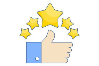 Beş yıldızlı müşteri değerlendirme konsepti. Beş yıldızlı ve onaylı müşteri değerlendirmesi. Arkaplanda simgeler olan düz vektör illüstrasyonu.