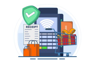 Bağlantısız ve kablosuz mal ödemesi terminali konsepti POS terminali ödemeyi banka kartı, fatura, alışveriş konsepti, ödeme makinesi, ödeme kartı ile onaylıyor. Düz vektör illüstrasyonu.