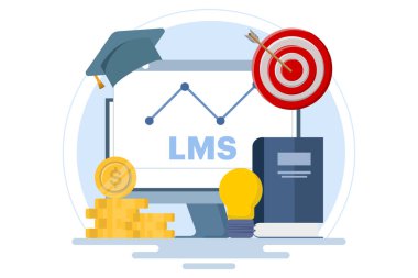 Online eğitim olarak Öğrenme Yönetimi Sistemi veya LMS kavramı. Eğitim teknolojisi, çevrimiçi öğrenim dağıtımı, eğitim, bilgi yazılımı uygulaması, yeterlilik çerçevesi. Vektör illüstrasyonu.