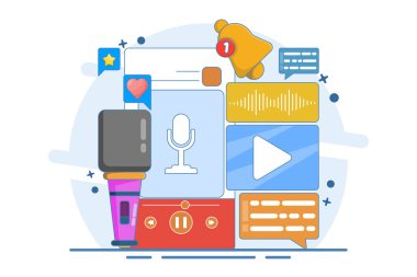 Podcast içeriği kavramı. Podcasting uygulaması, radyo reklamcılığı, yayın istasyonu, yayın, online etkinlik, blog, medya pazarlaması, dijital kayıt. Arkaplanda düz vektör illüstrasyonu.