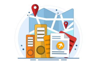 Harita konsepti Harita UI elemanları. Coğrafi konum ve adres. GPS konumu, çubuk ve gösterge paneli şablonları. Mobil uygulamalar için tema arayüzü olan web tasarımı. düz vektör illüstrasyonu.