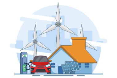 Yenilenebilir teknoloji veya yeşil enerji kavramı, ekolojik ulaşım, ekoloji, e-hareketli elektrik taşımacılığı, elektrikli arabalar, güneş panelleri ve rüzgar türbinleri, alternatif enerji. düz vektör illüstrasyonu.
