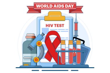 Dünya AIDS Günü Konsepti, AIDS 'i araştıran HIV test tüplü tıp doktoru, AIDS salgınına karşı farkındalığı arttırmak için Kırmızı Kurdele. Arkaplanda düz vektör illüstrasyonu.