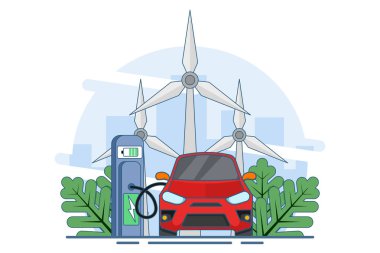Yenilenebilir teknoloji veya yeşil enerji kavramı, ekolojik ulaşım, ekoloji, e-hareketli elektrik taşımacılığı, elektrikli arabalar, güneş panelleri ve rüzgar türbinleri, alternatif enerji. düz vektör illüstrasyonu.