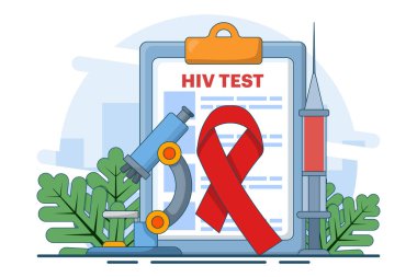 Dünya AIDS Günü Konsepti, AIDS 'i araştıran HIV test tüplü tıp doktoru, AIDS salgınına karşı farkındalığı arttırmak için Kırmızı Kurdele. Arkaplanda düz vektör illüstrasyonu.