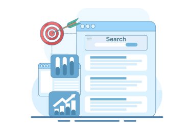 Arama motoru izleme konsepti, web sitesi sıralama analizi. en iyi anahtar sözcükler, Arama motorları trafiği web sitelerine yönlendirir, arkaplan vektör resimlemesi.