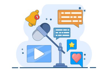 Podcast içeriği kavramı. Podcasting uygulaması, radyo reklamcılığı, yayın istasyonu, yayın, online etkinlik, blog, medya pazarlaması, dijital kayıt. Arkaplanda düz vektör illüstrasyonu.