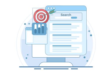 Arama motoru izleme konsepti, web sitesi sıralama analizi. en iyi anahtar sözcükler, Arama motorları trafiği web sitelerine yönlendirir, arkaplan vektör resimlemesi.