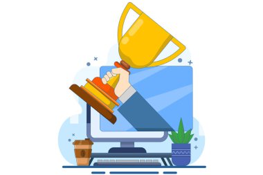 Çevrimiçi internet ödülü konsepti veya dijital internet sitesi kazananı dizüstü bilgisayarda, düz çizgi film kazananı altın kupa, şampiyonluk yarışması ödülü, yarışma kazananı.