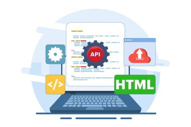 Uygulama Programlama Arayüzü Kavramı, API uygulamalar, yazılım geliştirme araçları, İnternet ve ağlar, düz vektör illüstrasyonu arasında iletişim arayüzü sağlar.