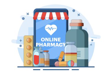 İlaç ve ilaç, eczane ilaçları, ilk yardım kiti, şırınga, ilaç, online eczane, online eczane ve eczane kavramı. Düz vektör resimleme şablonu.