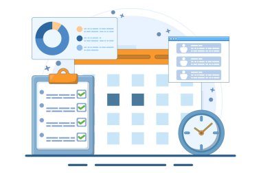 İş planlama konsepti, iş ekibi çevrimiçi dijital takvimle çalışıyor. Planlama, Not Bırakma, Çalışma ve Zaman Yönetimi ve Düzenleme. Zaman yönetimi. Düz vektör illüstrasyonu.