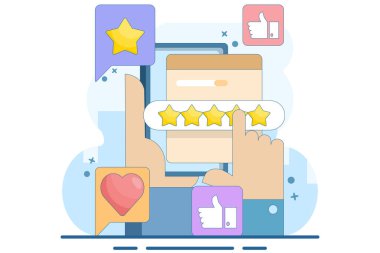 Kullanıcı derecelendirme kavramı, müşteri geribildirimi, müşterilerin en iyi kalite notu, beş yıldız notu, yüksek kaliteli ürün veya iyi kalite hizmet, en iyi yıldız notu, düz vektör çizimi.