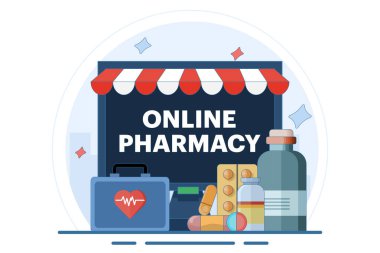 İlaç ve ilaç, eczane ilaçları, ilk yardım kiti, şırınga, ilaç, online eczane, online eczane ve eczane kavramı. Düz vektör resimleme şablonu.