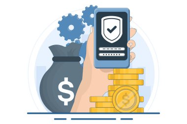 Güvenli ve güvenli finansal uygulama konsepti, altın sikke ve anahtarlı akıllı telefon, güvenli ödeme, para koruması ve finansal güvenlik. Dijital pazarlama. düz vektör illüstrasyonu.