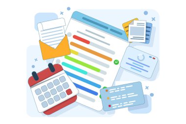 Dizüstü bilgisayarda takvim paneli kontrol listesi olan görev paneli kavramı. e-posta kampanyası, sosyal medya pazarlaması. Proje yönetimi, son teslim tarihi konsepti. düz vektör illüstrasyonu.