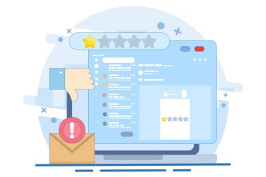 Kötü eleştiri ve e-posta konsepti. Müşteri memnuniyeti, alıcı, müşteri. Müşteri memnun değil ve 1 yıldız veriyor. Memnuniyetsizlik ve hayal kırıklığından dolayı bir yıldız vermek. Şikayet.