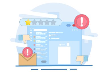 Kötü eleştiri ve e-posta konsepti. Müşteri memnuniyeti, alıcı, müşteri. Müşteri memnun değil ve 1 yıldız veriyor. Memnuniyetsizlik ve hayal kırıklığından dolayı bir yıldız vermek. Şikayet.