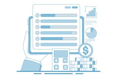 Aygıt aracılığıyla bütçe izleyici, bütçe uygulaması geliri takip ederek finansmanı yönetir, harcamalara yardımcı olmak için tasarlanmıştır, web sitesi, ana sayfa, iniş sayfası, şablon, modern düz stilde pankart.