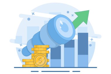 İş fırsatı konsepti. vizyon ve gelecek. Kâr ve para peşinde. Bir vizyoner teleskop kullanarak başarılı olmak için fırsatlar ve fırsatlar arar. arkaplanda düz vektör illüstrasyonu.