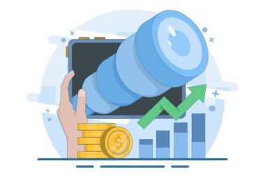 İş fırsatı konsepti. vizyon ve gelecek. Kâr ve para peşinde. Bir vizyoner teleskop kullanarak başarılı olmak için fırsatlar ve fırsatlar arar. arkaplanda düz vektör illüstrasyonu.