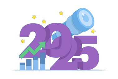 2025 'te başarı fırsatı kavramı. Görüyorsunuz, vizyon ve gelecek. İş fırsatları. 2025 numaralı teleskopun çizimi. 2025 yılında yeni iş hedefi. düz vektör illüstrasyonu.